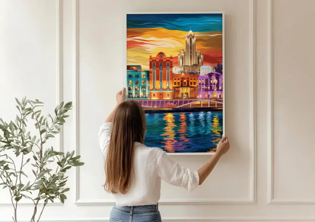 Detroit Vibrant Cityscape canvas wall art being hung on a paneled wall