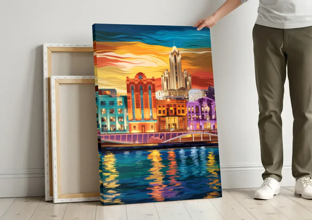 Detroit Vibrant Cityscape canvas wall art leaning against a wall next to blank canvases