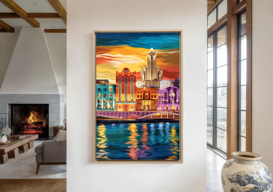 Detroit Vibrant Cityscape canvas wall art in a living room with a fireplace