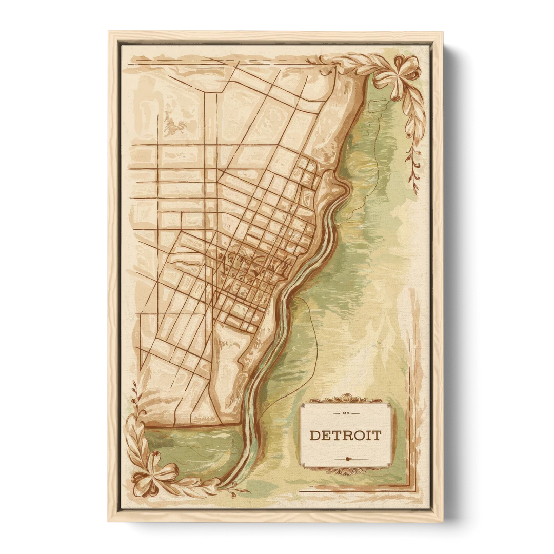 Detroit Vintage Map - Oak Framed Canvas Wall Art - Front