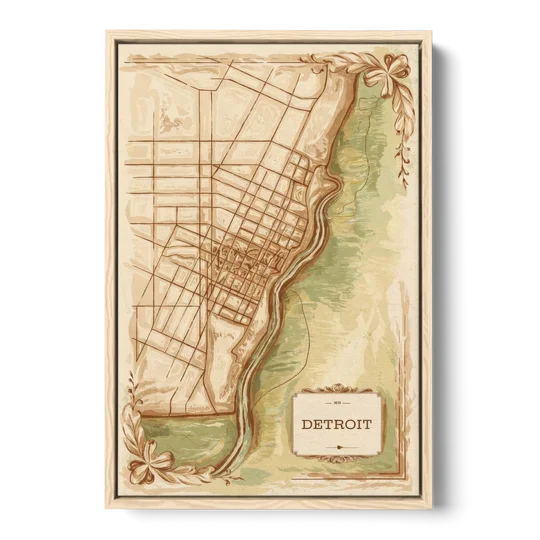 Detroit Vintage Map - Oak Framed Canvas Wall Art - Front