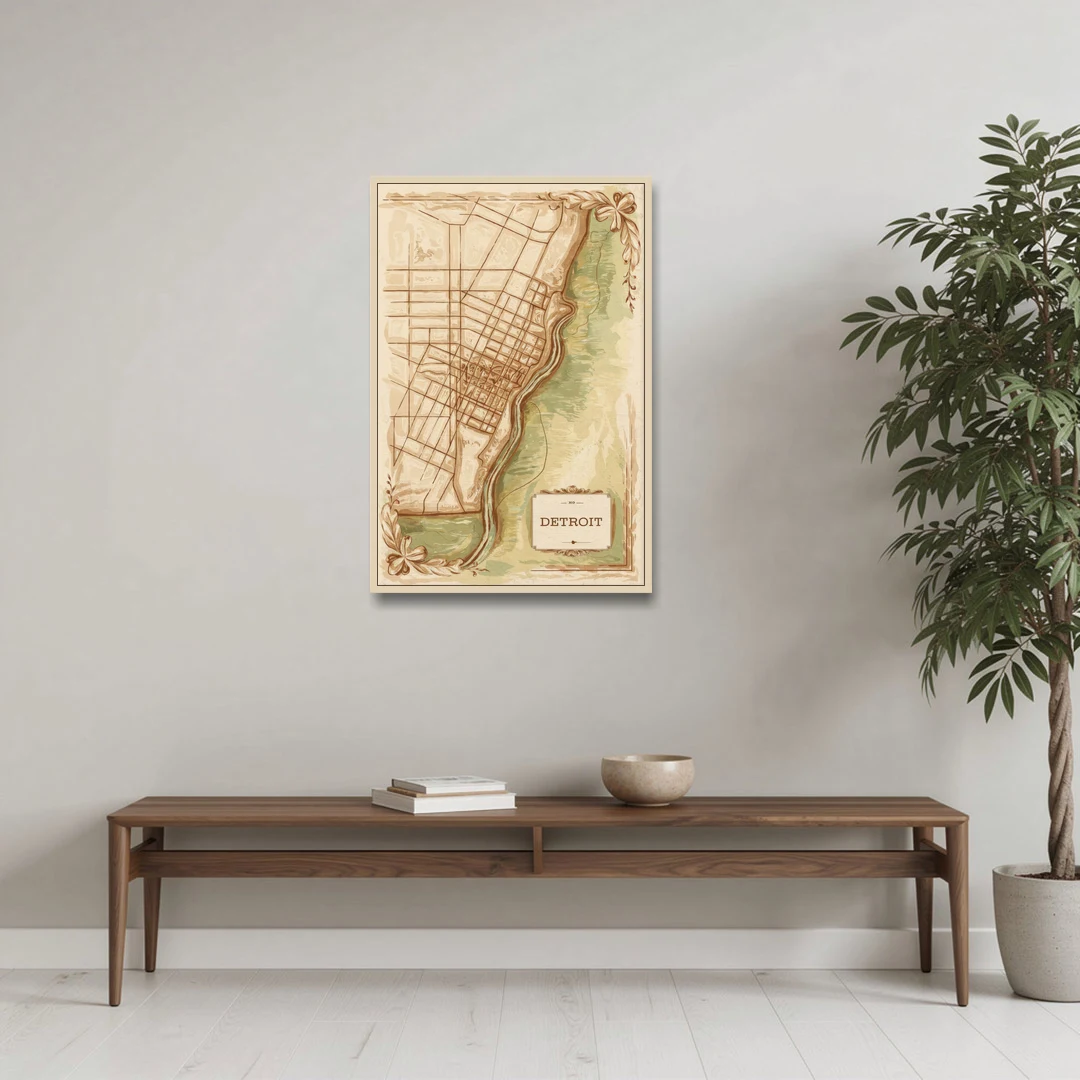 Detroit Vintage Map - Oak Framed Canvas Wall Art - Coffee Table - 24x36
