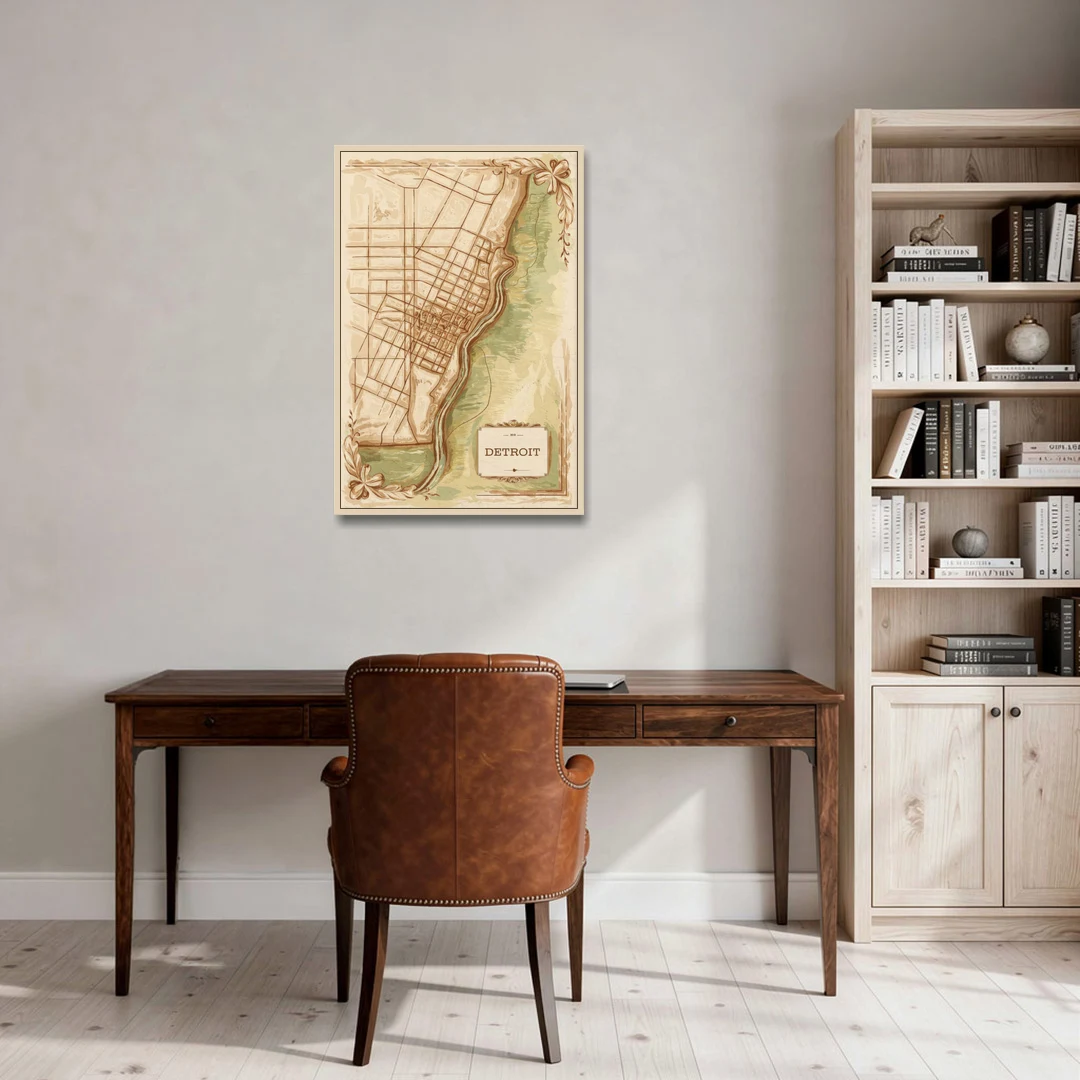 Detroit Vintage Map - Oak Framed Canvas Wall Art - Office - 24x36