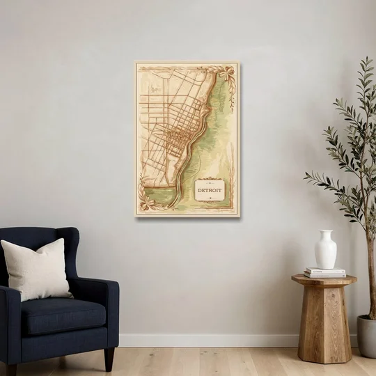 Detroit Vintage Map - Oak Framed Canvas Wall Art - Sofa - 24x36