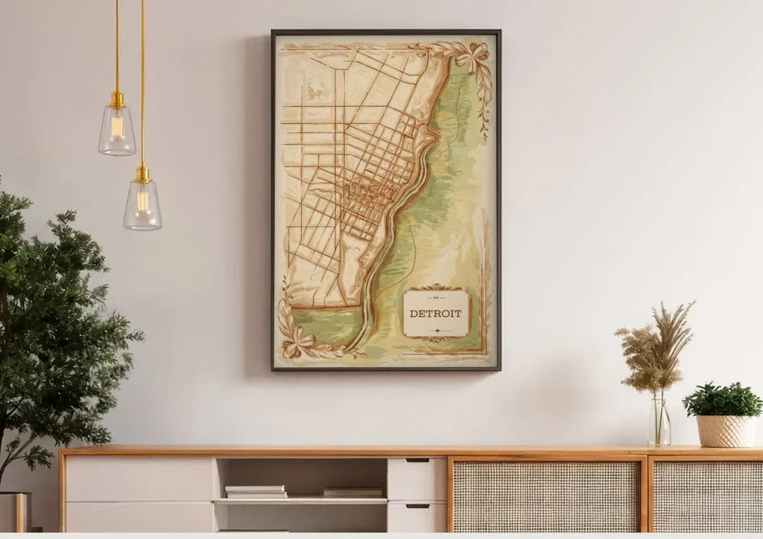 Detroit Vintage Map canvas wall art above a wooden sideboard under pendant lights