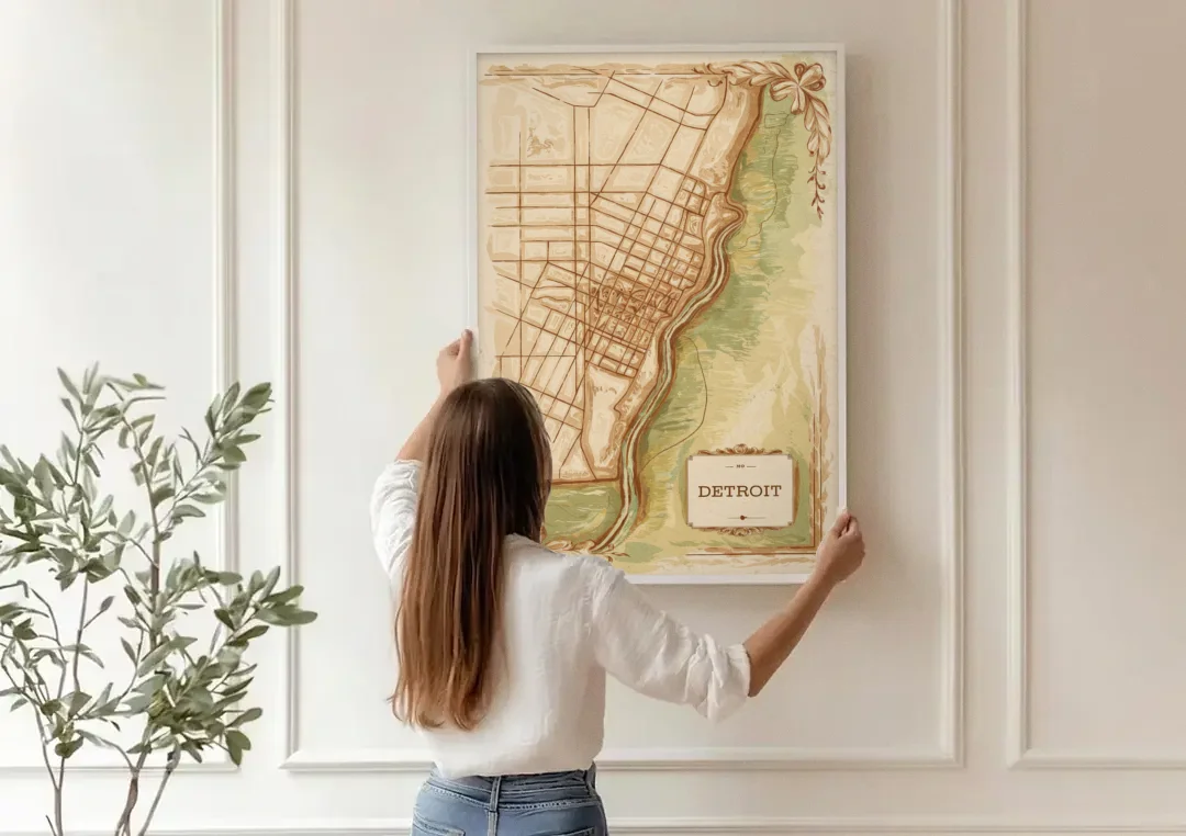 Detroit Vintage Map canvas wall art being hung on a paneled wall