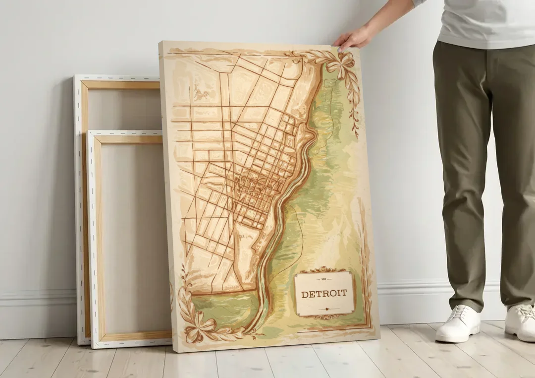 Detroit Vintage Map canvas wall art leaning against a wall next to blank canvases