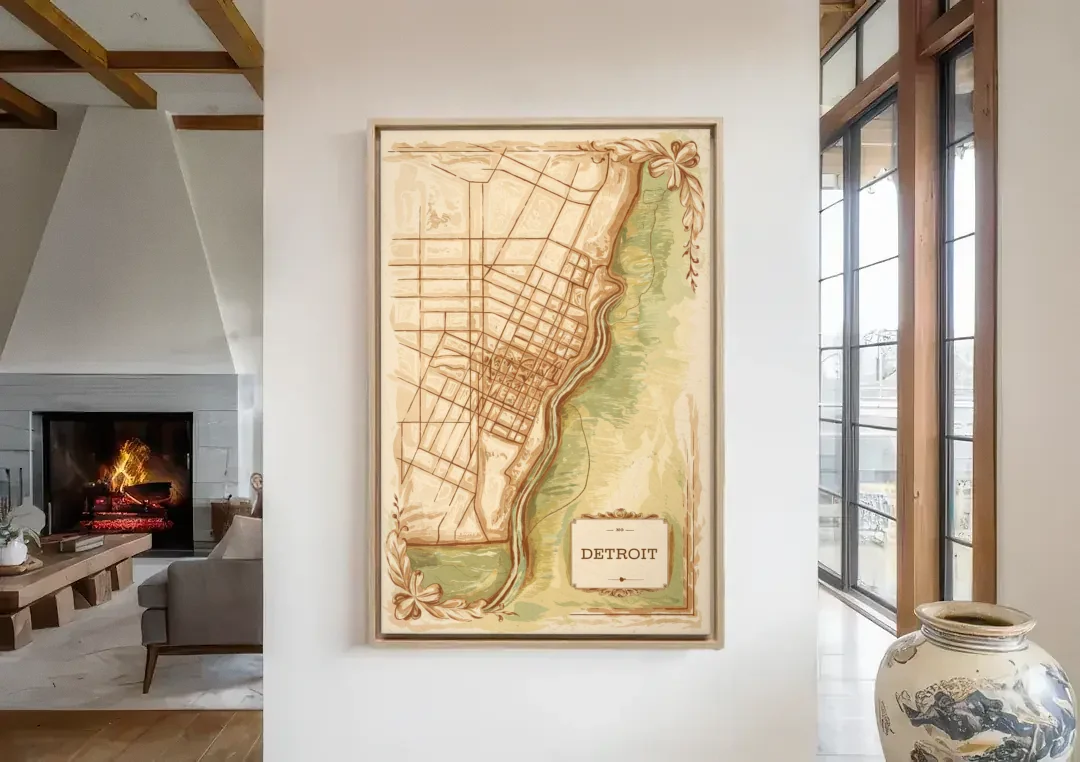 Detroit Vintage Map canvas wall art in a living room with a fireplace