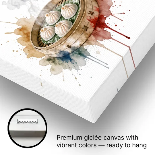 Dim Sum Art of Three Steaming Har Gow Baskets - Canvas Wall Art - Gallery Wrap Corner