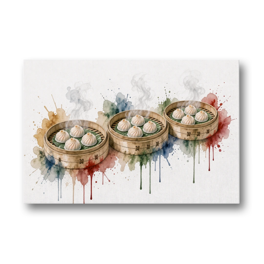 Dim Sum Art of Three Steaming Har Gow Baskets - Canvas Wall Art - Front