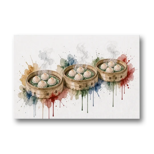 Dim Sum Art of Three Steaming Har Gow Baskets - Canvas Wall Art - Front