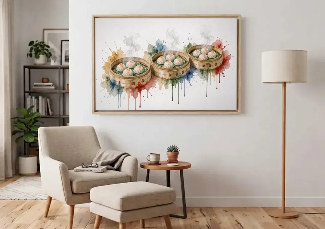 Dim Sum Art of Three Steaming Har Gow Baskets canvas wall art above an armchair in a bright living room