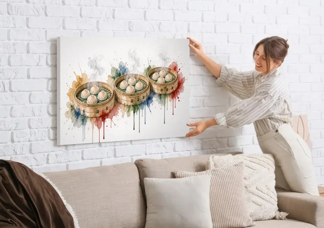 Dim Sum Art of Three Steaming Har Gow Baskets canvas wall art being hung on a white brick wall above a sofa