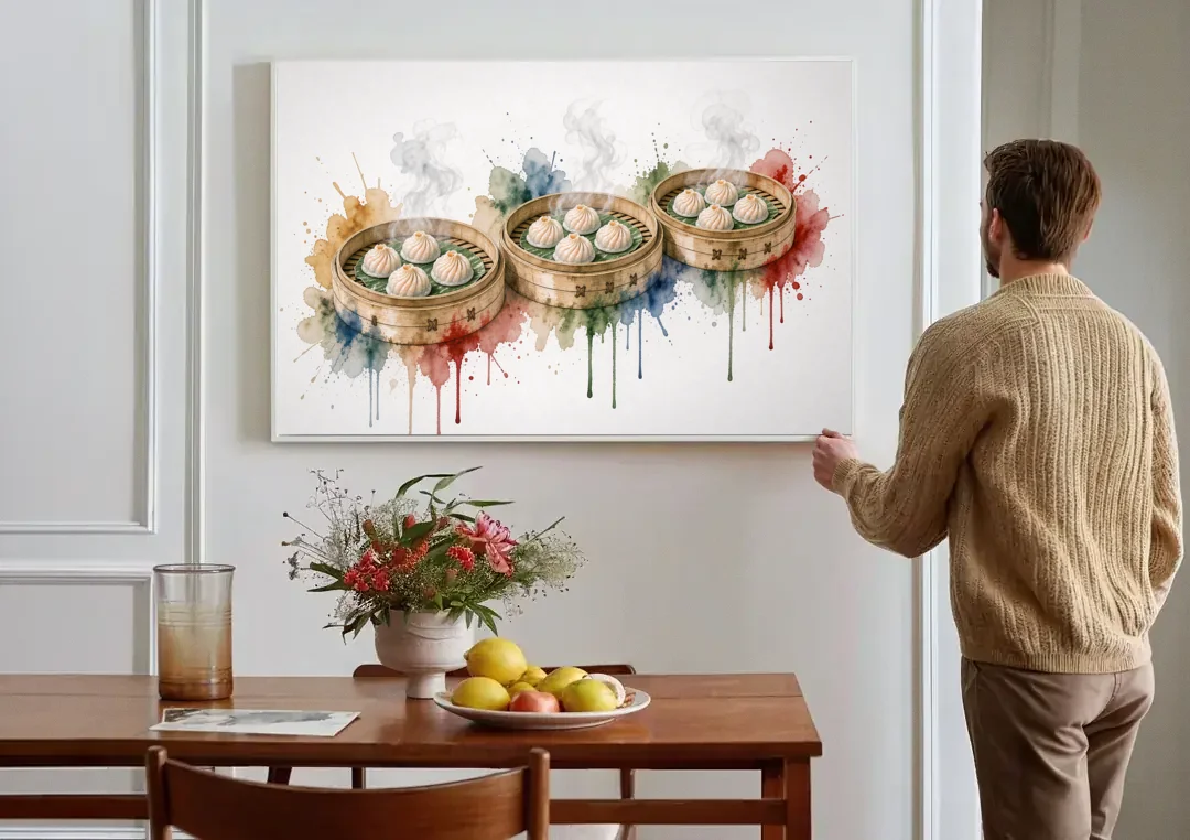 Dim Sum Art of Three Steaming Har Gow Baskets canvas wall art above a dining table