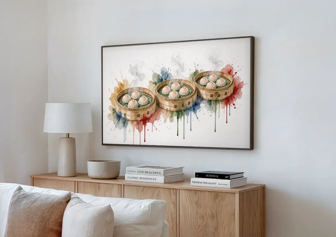 Dim Sum Art of Three Steaming Har Gow Baskets canvas wall art above a wooden sideboard next to a sofa