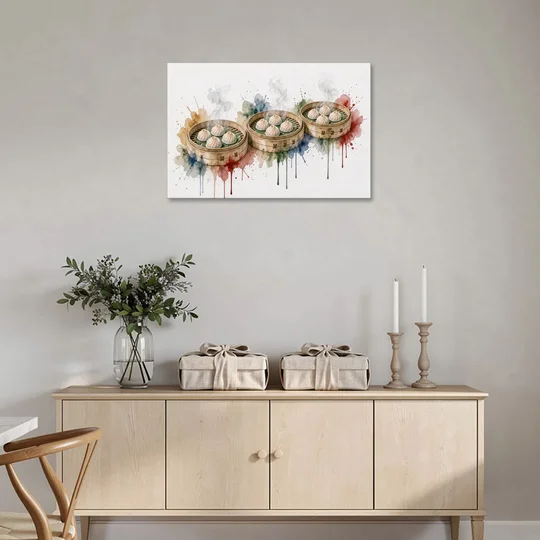 Dim Sum Art of Three Steaming Har Gow Baskets - Canvas Wall Art - Coffee Table - 36x24