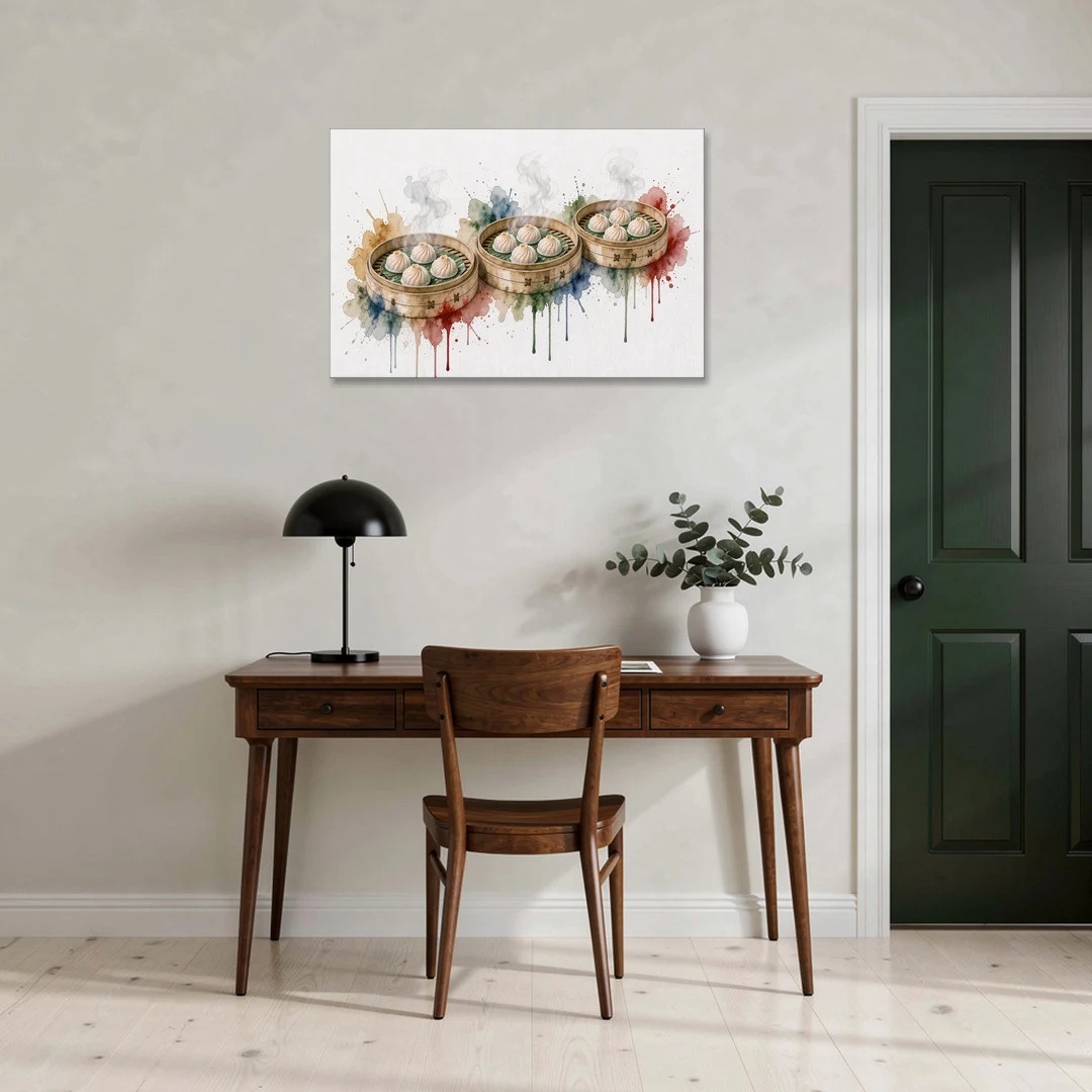 Dim Sum Art of Three Steaming Har Gow Baskets - Canvas Wall Art - Office - 36x24