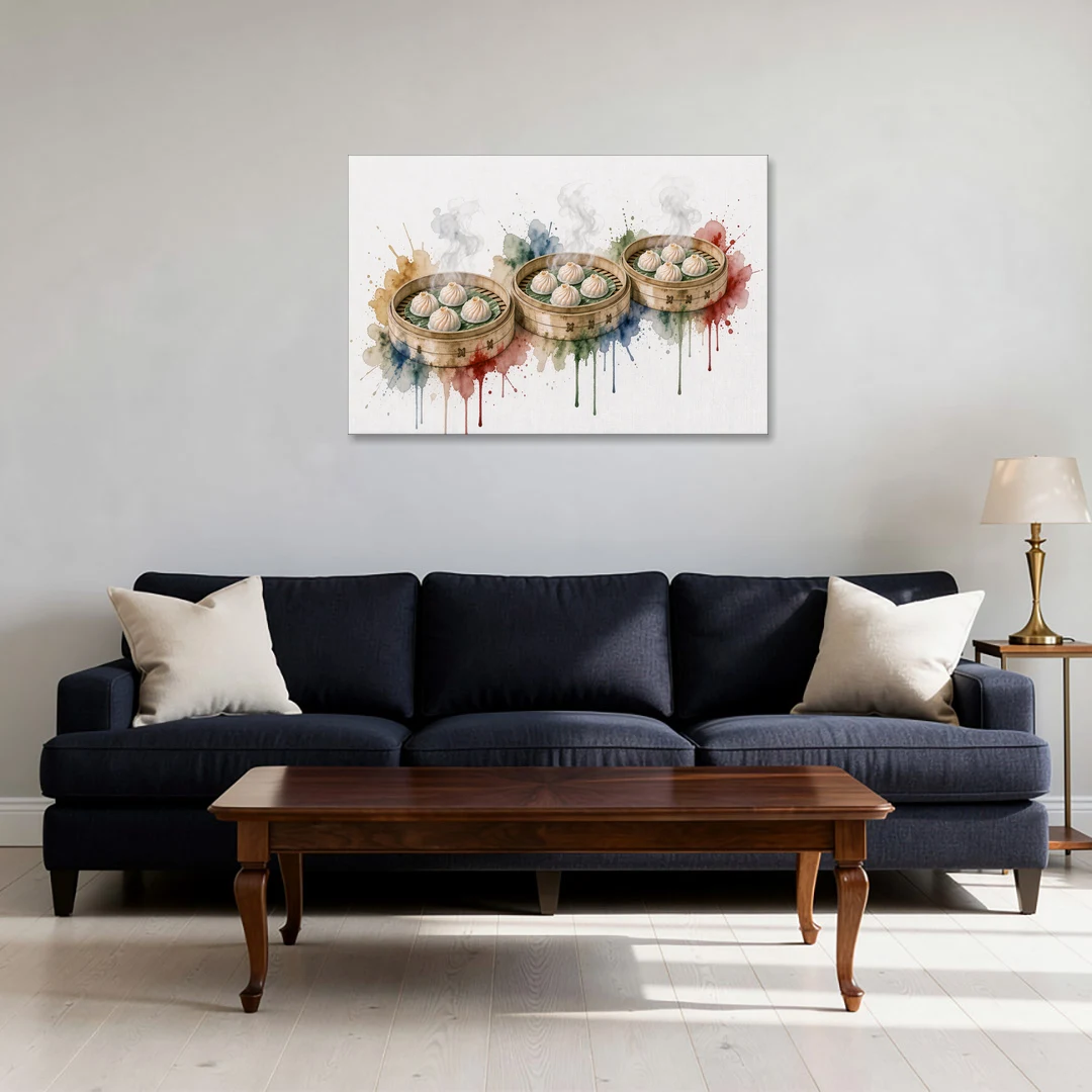 Dim Sum Art of Three Steaming Har Gow Baskets - Canvas Wall Art - Sofa - 36x24