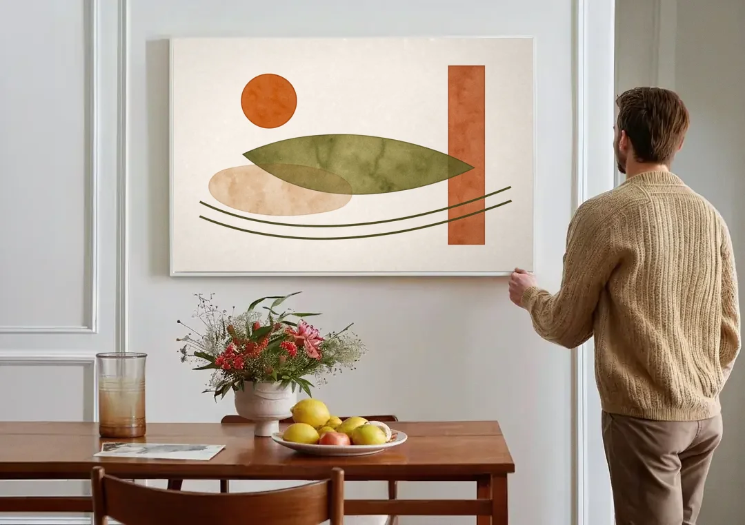 Dining Room Abstract Art with Horizontal Olive Leaf canvas wall art above a dining table