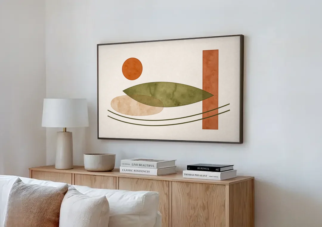 Dining Room Abstract Art with Horizontal Olive Leaf canvas wall art above a wooden sideboard next to a sofa