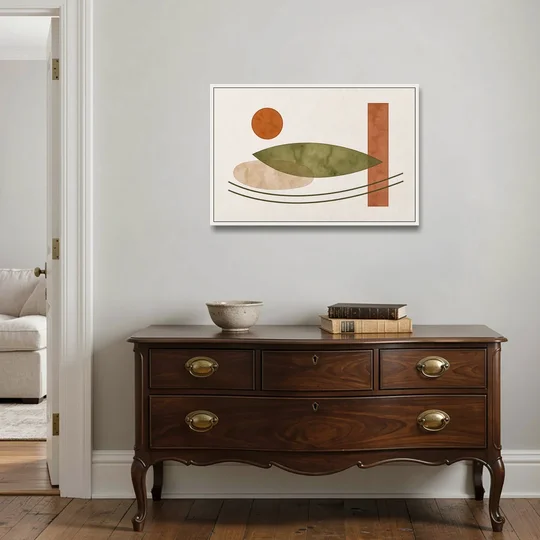 Dining Room Abstract Art with Horizontal Olive Leaf - White Framed Canvas Wall Art - Coffee Table - 36x24
