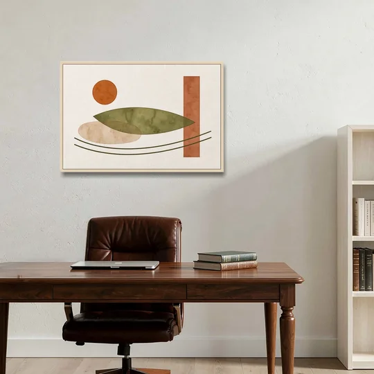 Dining Room Abstract Art with Horizontal Olive Leaf - Oak Framed Canvas Wall Art - Office - 36x24