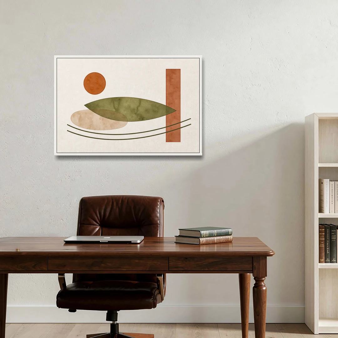 Dining Room Abstract Art with Horizontal Olive Leaf - White Framed Canvas Wall Art - Office - 36x24