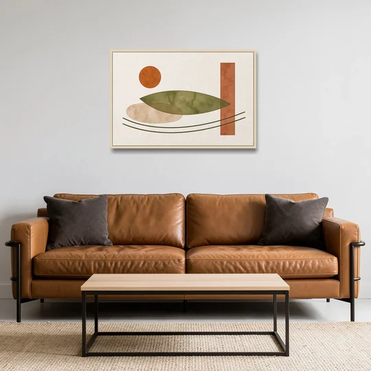 Dining Room Abstract Art with Horizontal Olive Leaf - Oak Framed Canvas Wall Art - Sofa - 36x24
