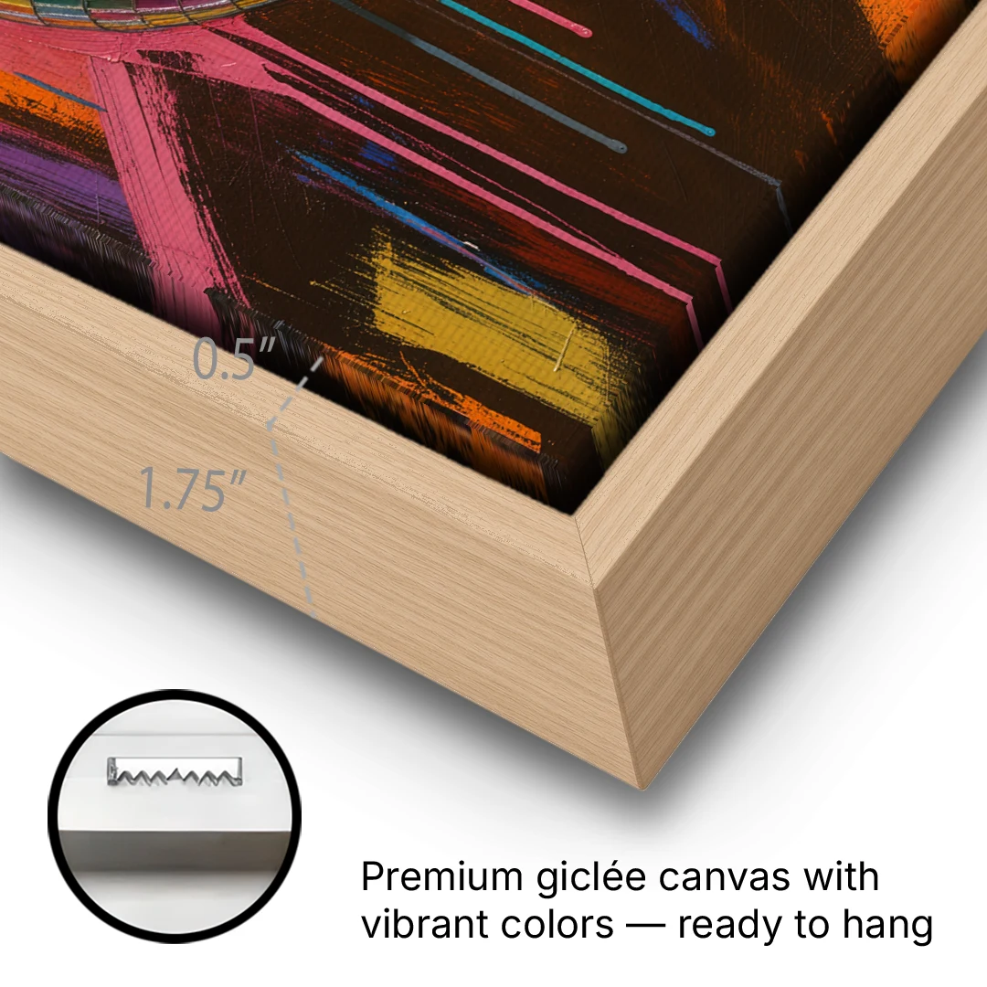 Disco Ball Painting in Bursting Color - Oak Framed Canvas Wall Art - Gallery Wrap Corner