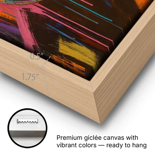 Disco Ball Painting in Bursting Color - Oak Framed Canvas Wall Art - Gallery Wrap Corner