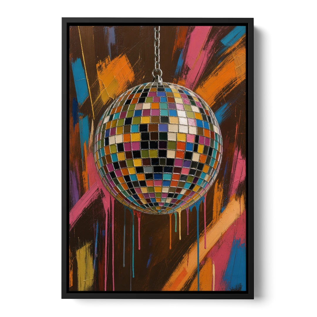 Disco Ball Painting in Bursting Color - Black Framed Canvas Wall Art - Front