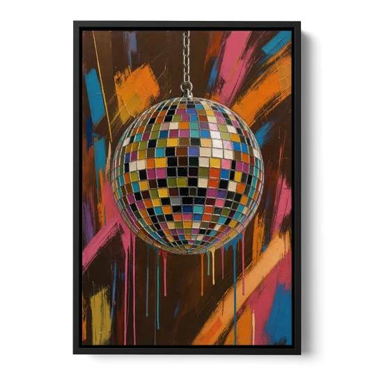 Disco Ball Painting in Bursting Color - Black Framed Canvas Wall Art - Front