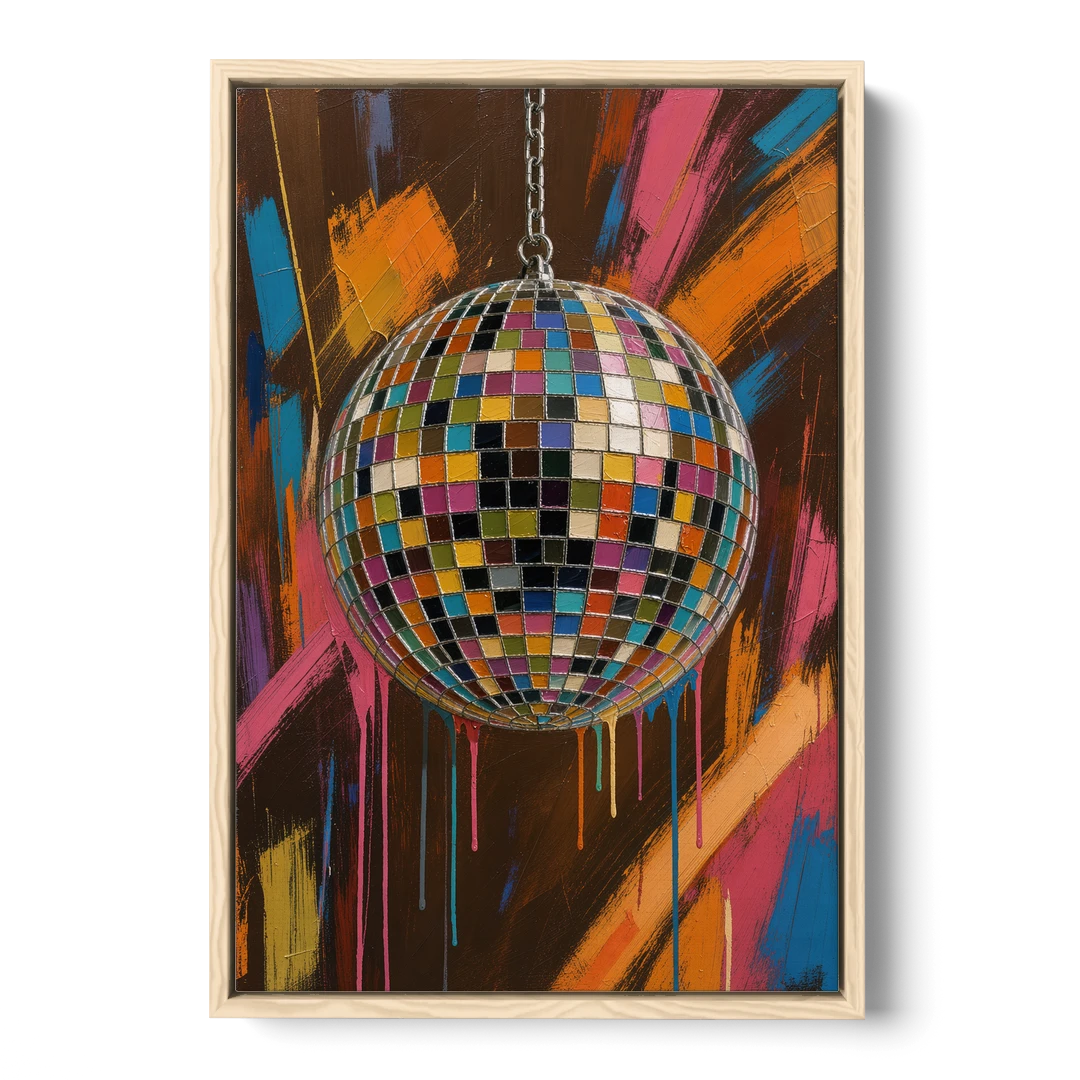 Disco Ball Painting in Bursting Color - Oak Framed Canvas Wall Art - Front