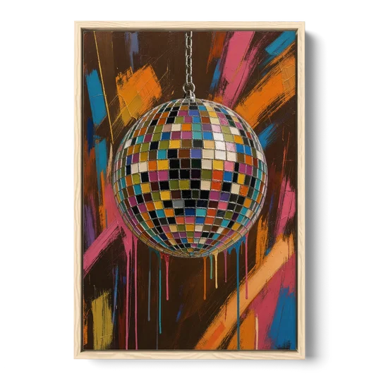 Disco Ball Painting in Bursting Color - Oak Framed Canvas Wall Art - Front