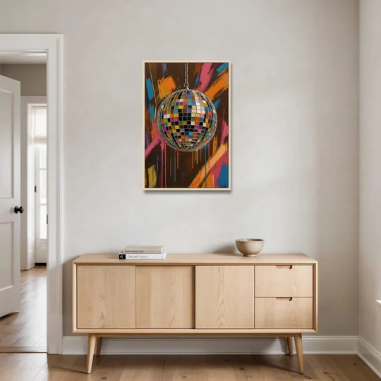 Disco Ball Painting in Bursting Color - Oak Framed Canvas Wall Art - Coffee Table - 24x36