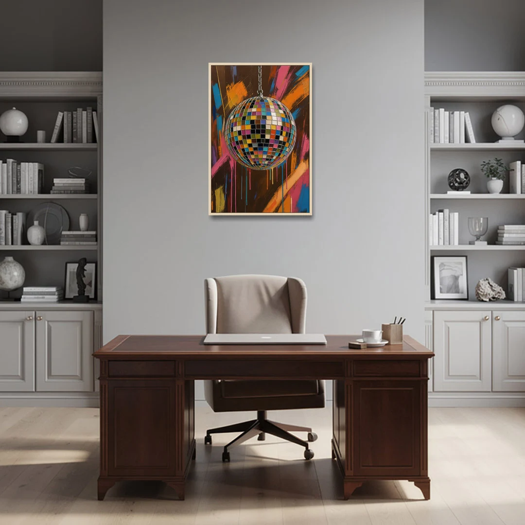 Disco Ball Painting in Bursting Color - Oak Framed Canvas Wall Art - Office - 24x36