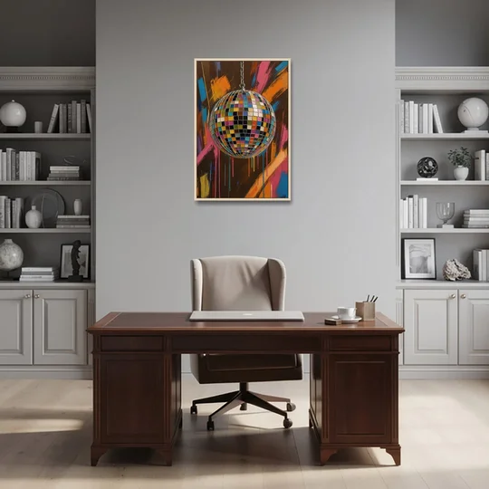 Disco Ball Painting in Bursting Color - Oak Framed Canvas Wall Art - Office - 24x36