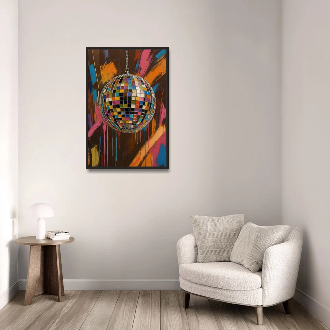 Disco Ball Painting in Bursting Color - Black Framed Canvas Wall Art - Sofa - 24x36