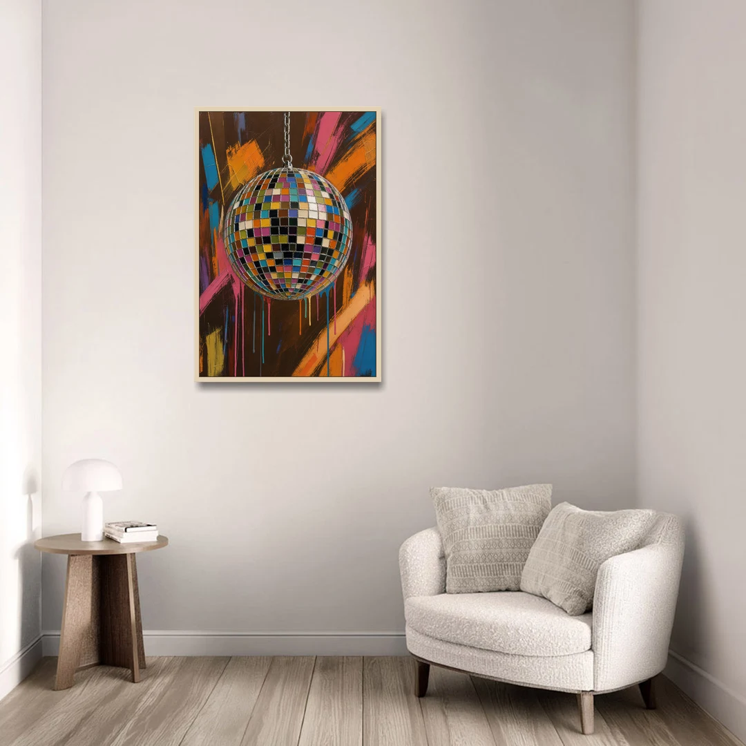 Disco Ball Painting in Bursting Color - Oak Framed Canvas Wall Art - Sofa - 24x36