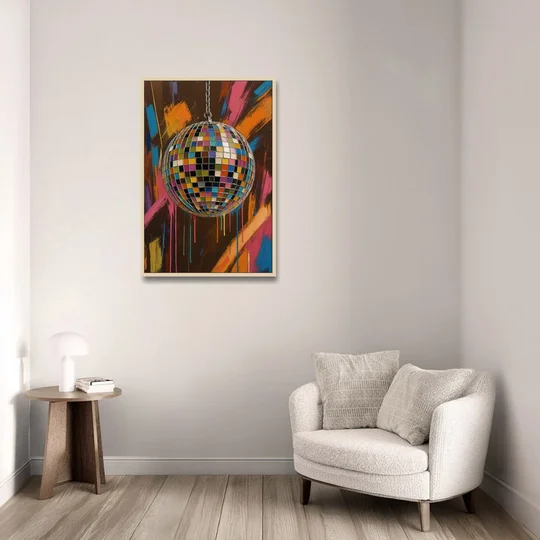 Disco Ball Painting in Bursting Color - Oak Framed Canvas Wall Art - Sofa - 24x36