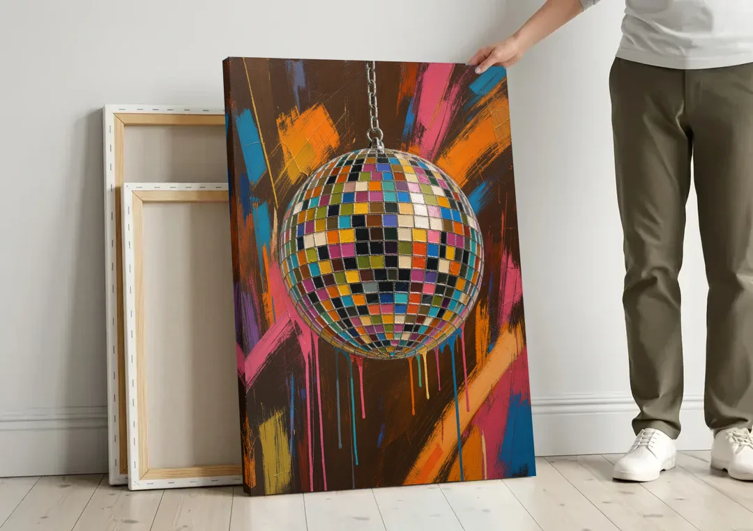 Disco Ball Painting in Bursting Color canvas wall art leaning against a wall next to blank canvases