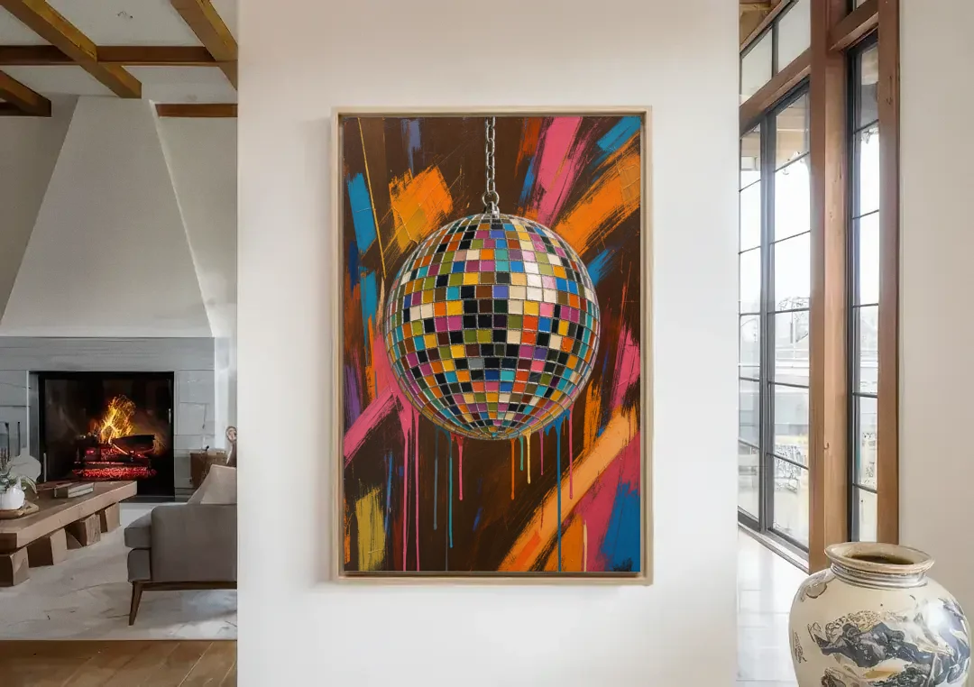 Disco Ball Painting in Bursting Color canvas wall art in a living room with a fireplace
