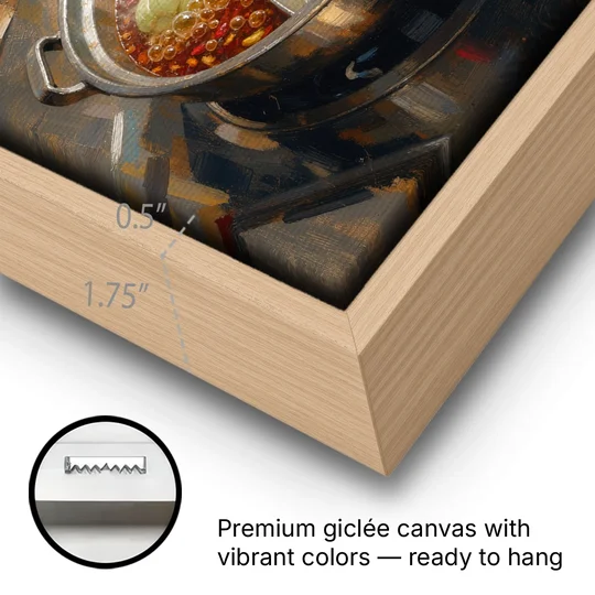 Divided Hot Pot with Red Chili and Milky Broth - Oak Framed Canvas Wall Art - Gallery Wrap Corner