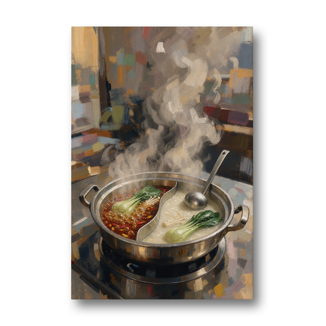 Divided Hot Pot with Red Chili and Milky Broth - Canvas Wall Art - Front