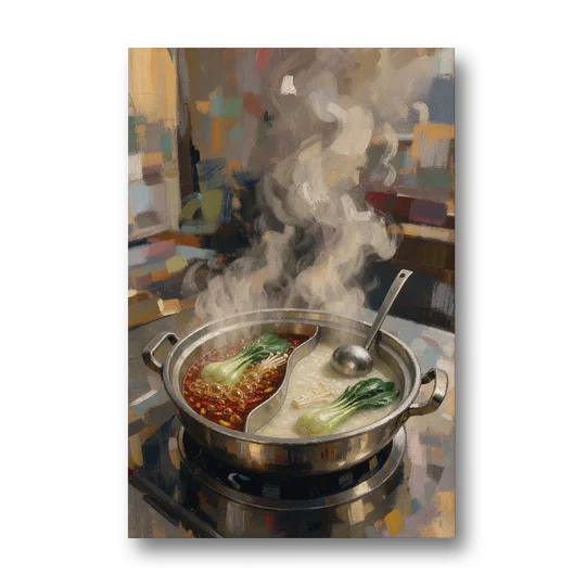 Divided Hot Pot with Red Chili and Milky Broth - Canvas Wall Art - Front