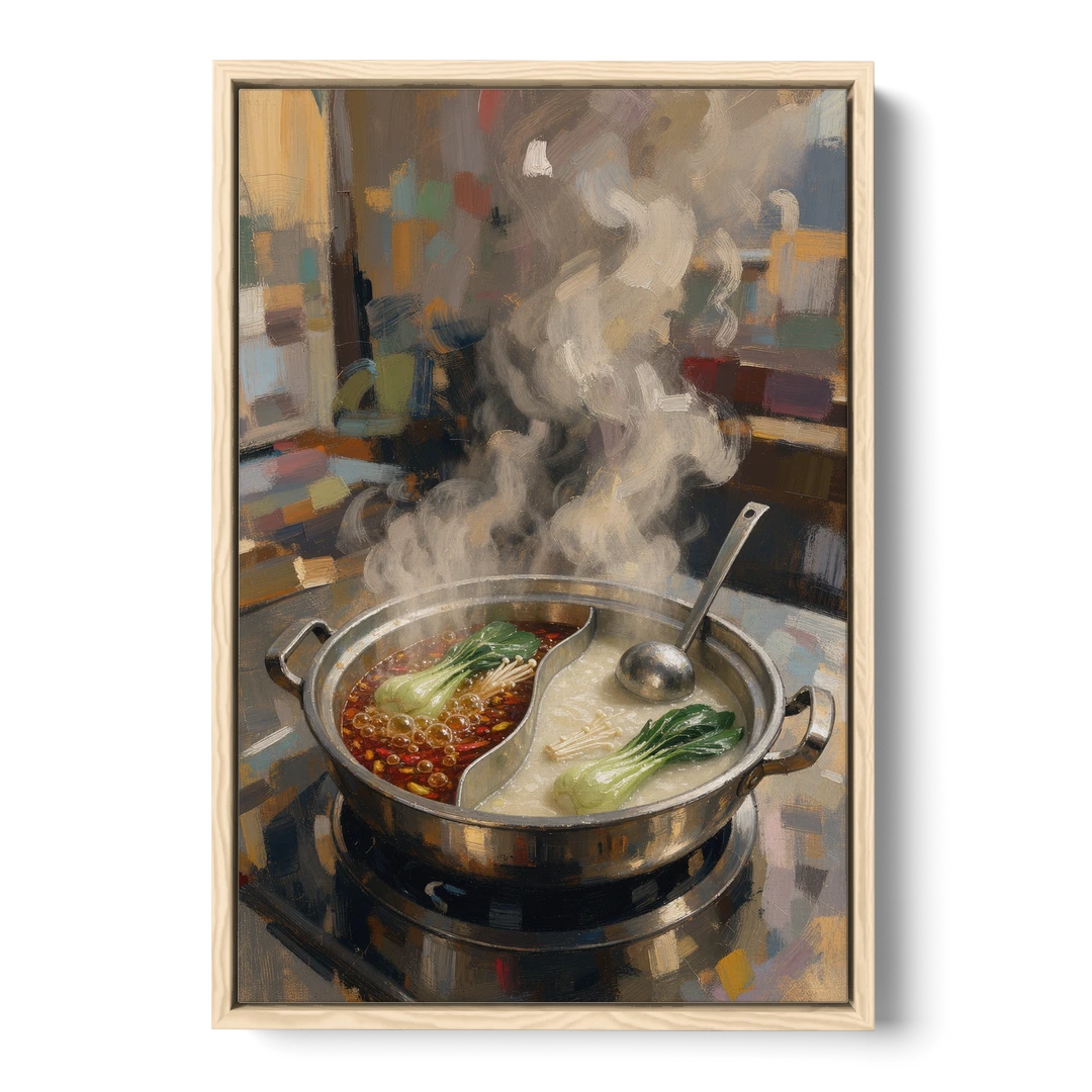 Divided Hot Pot with Red Chili and Milky Broth - Oak Framed Canvas Wall Art - Front