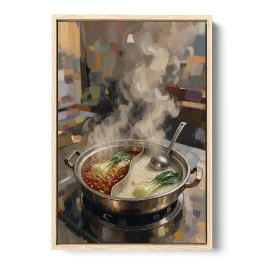 Divided Hot Pot with Red Chili and Milky Broth - Oak Framed Canvas Wall Art - Front