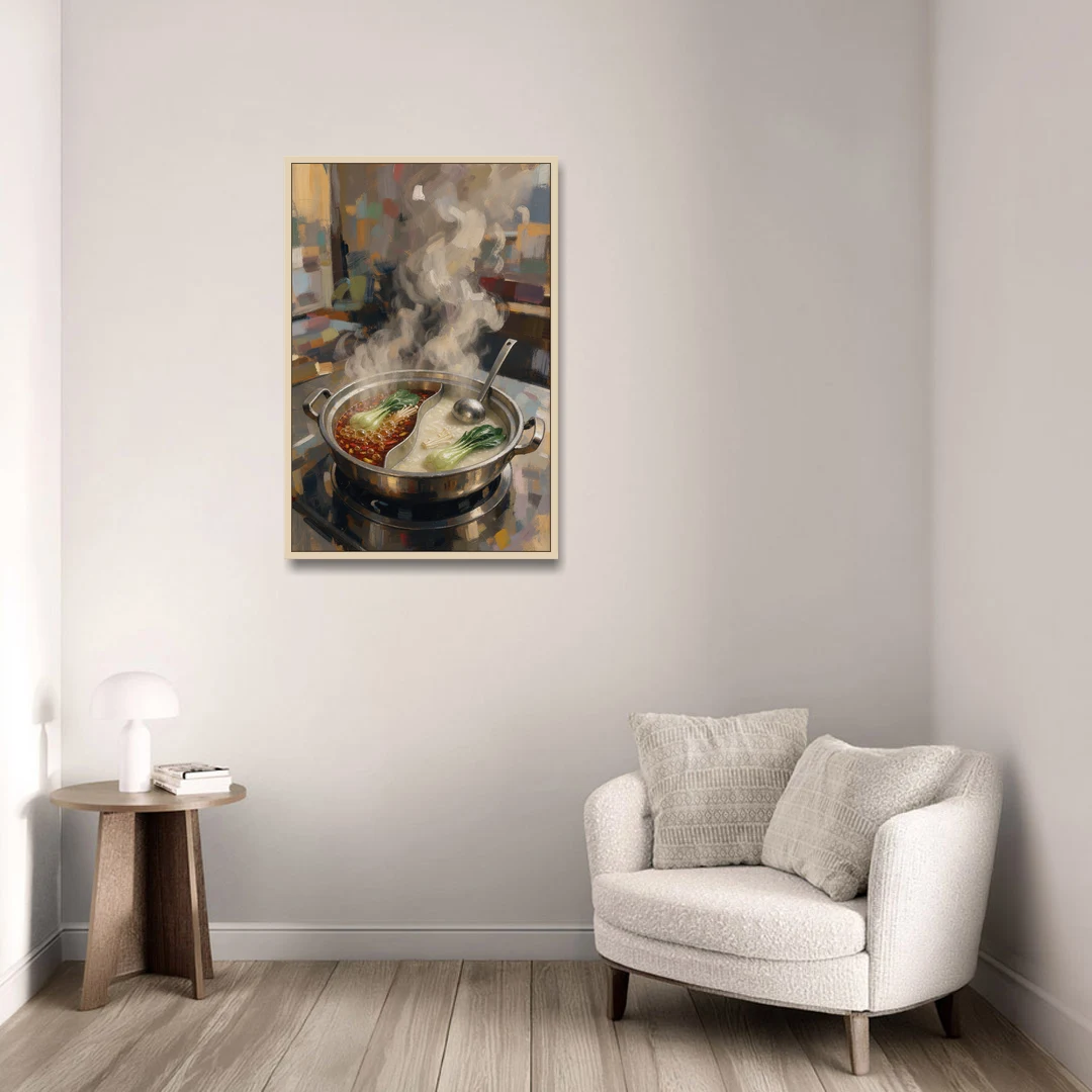 Divided Hot Pot with Red Chili and Milky Broth - Oak Framed Canvas Wall Art - Sofa - 24x36