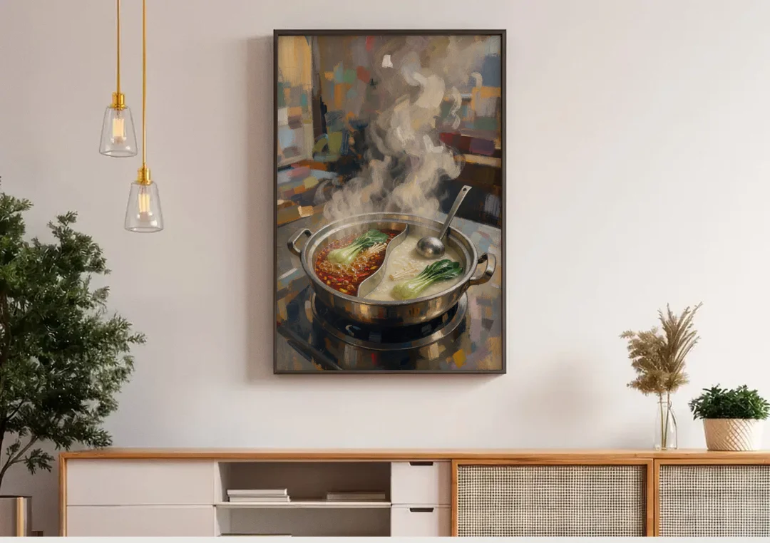 Divided Hot Pot with Red Chili and Milky Broth canvas wall art above a wooden sideboard under pendant lights