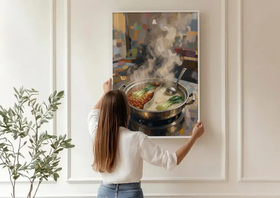 Divided Hot Pot with Red Chili and Milky Broth canvas wall art being hung on a paneled wall